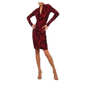 Norma Kamali Red Black Jersey Faux Wrap Dress Long Sleeve V-Neck Size Small